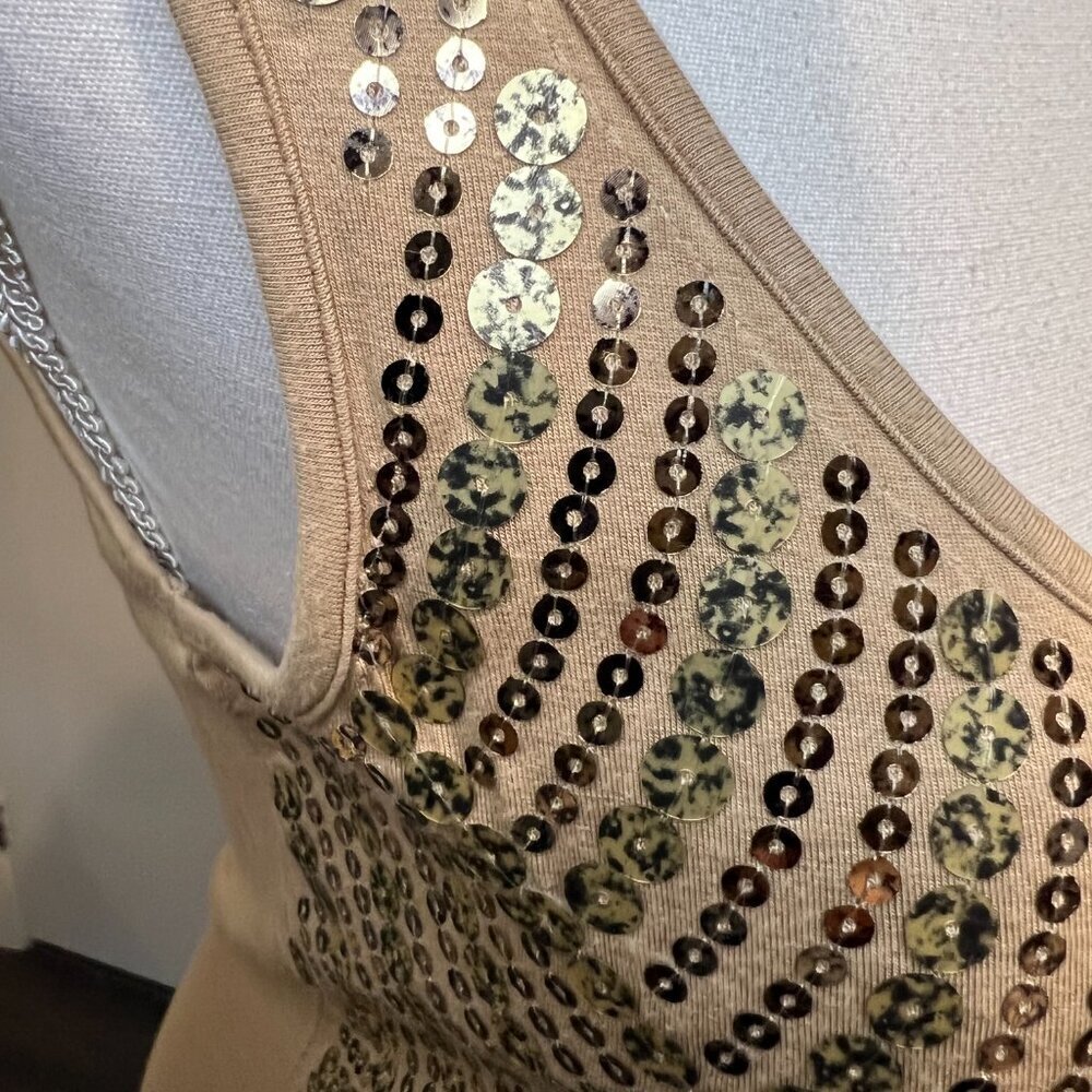 Cache Tan With Gold Sequins Tank Top, Size Small - image 8